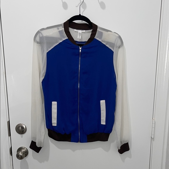 Ambiance Jackets & Blazers - Blue and White Sheer Bomber Jacket Size Large